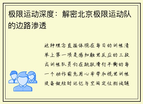 极限运动深度：解密北京极限运动队的边路渗透