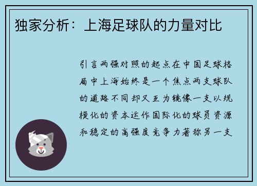独家分析：上海足球队的力量对比
