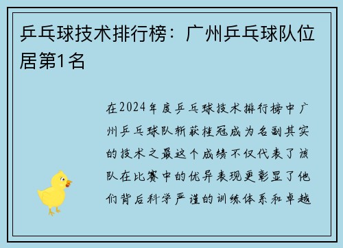乒乓球技术排行榜：广州乒乓球队位居第1名